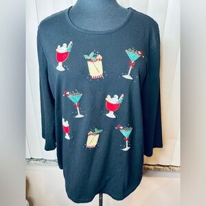 Coral Bay Black Top Cocktail Embroidered Artsy Festive Design Size XL